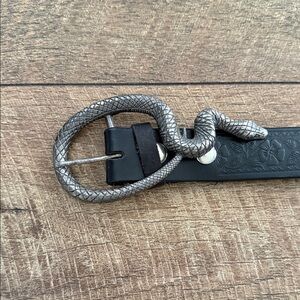 Black Leather Belt with Silver Snake Buckle